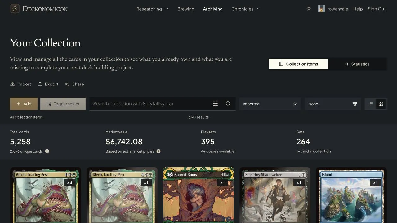 Archiving page with collection totals, filters, and card images