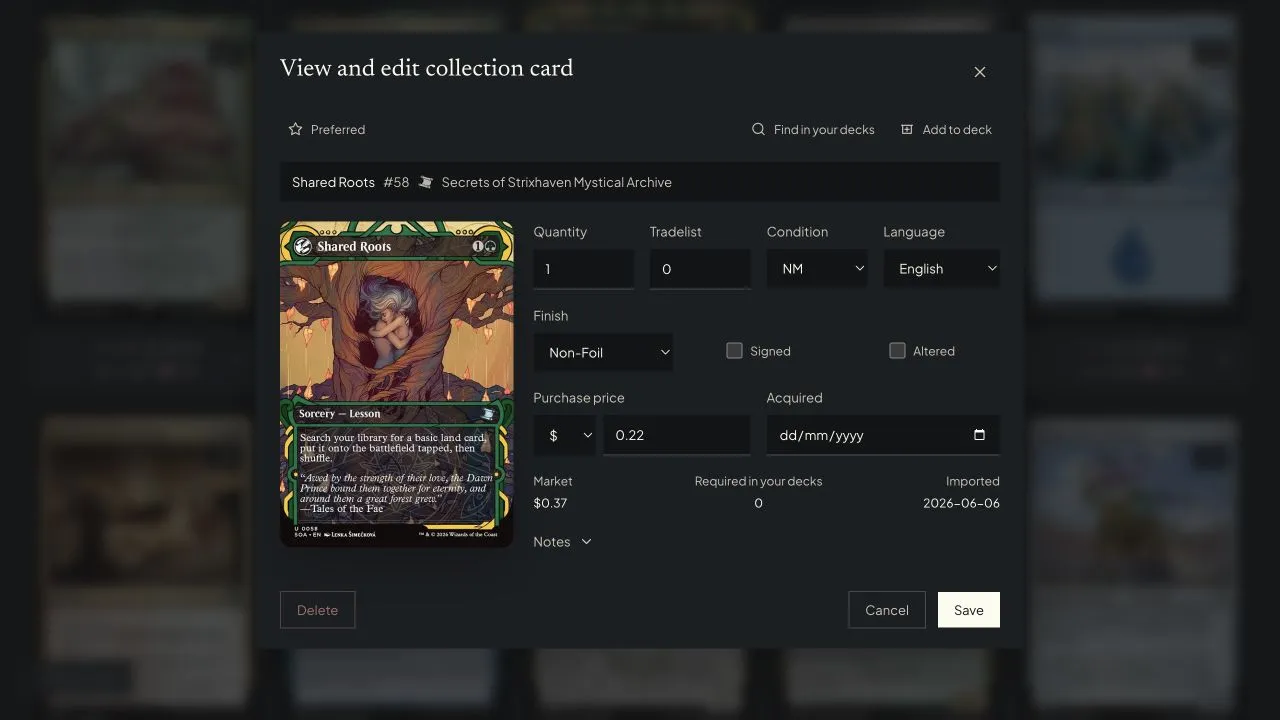 Collection item editor with printing, condition, language, finish, and purchase details